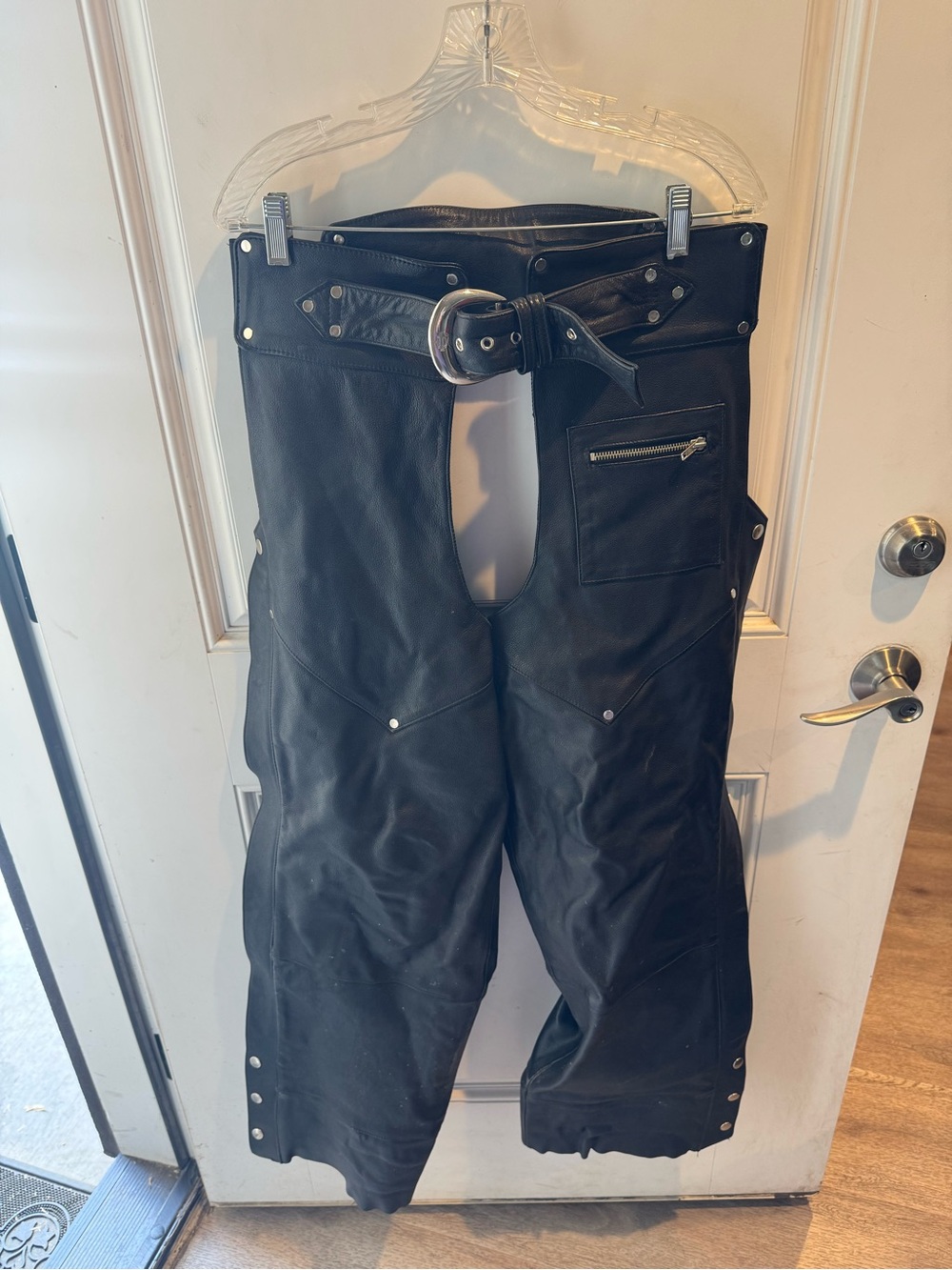 Harley‑Davidson Black Leather Motorcycle Chaps with Belt and Zip Pocket